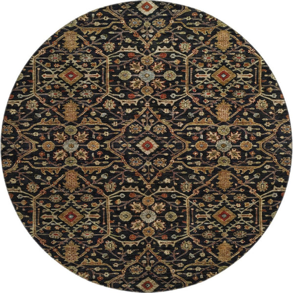 HomeRoots 8' Stylish Black, Gold & Blue Oriental Washable Round Rug with UV Protection & Stain Resistance 685426