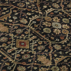 HomeRoots 8' Stylish Black, Gold & Blue Oriental Washable Round Rug with UV Protection & Stain Resistance 685426