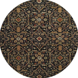 HomeRoots 8' Stylish Black, Gold & Blue Oriental Washable Round Rug with UV Protection & Stain Resistance 685426