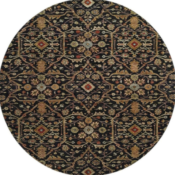 HomeRoots 8' Stylish Black, Gold & Blue Oriental Washable Round Rug with UV Protection & Stain Resistance 685426