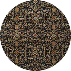 HomeRoots 8' Stylish Black, Gold & Blue Oriental Washable Round Rug with UV Protection & Stain Resistance 685426