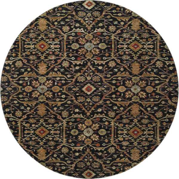 HomeRoots 8' Stylish Black, Gold & Blue Oriental Washable Round Rug with UV Protection & Stain Resistance 685426
