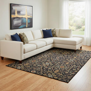 HomeRoots 8' X 10' Stylish Black Gold and Blue Oriental Area Rug - Washable, UV-Protected, Stain-Resistant 685428