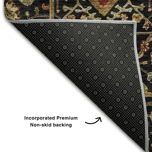 HomeRoots 8' X 10' Stylish Black Gold and Blue Oriental Area Rug - Washable, UV-Protected, Stain-Resistant 685428