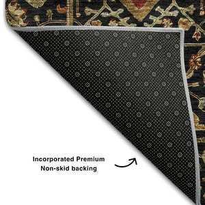 HomeRoots 9' X 12' Elegant Black, Gold & Blue Washable Oriental Area Rug with UV Protection for Homes 685430