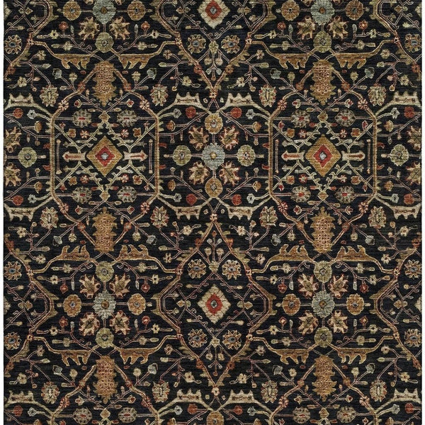 HomeRoots 10' X 14' Washable Black Gold and Blue Oriental Rug with UV Protection for Stylish, Family-Friendly Homes 685432