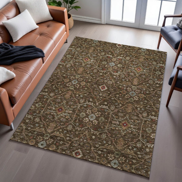 HomeRoots 5' X 8' Elegant Chocolate Copper Blue Oriental Area Rug – Washable, UV Protected & Stain Resistant! 685436