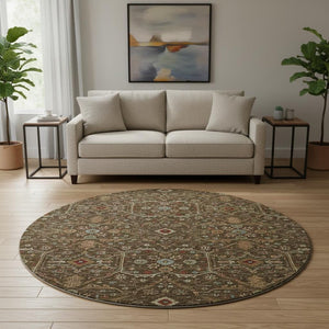 HomeRoots 8' Chocolate, Copper & Blue Oriental Round Rug - Washable, Stain Resistant & UV Protected for Homes 685438