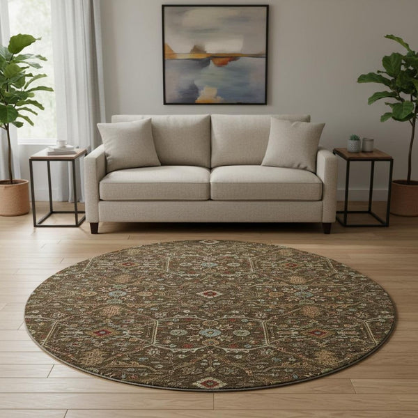 HomeRoots 8' Chocolate, Copper & Blue Oriental Round Rug - Washable, Stain Resistant & UV Protected for Homes 685438