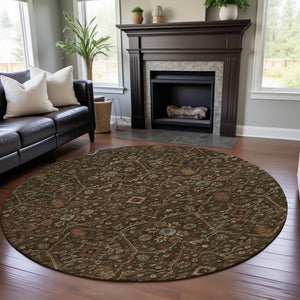 HomeRoots 8' Chocolate, Copper & Blue Oriental Round Rug - Washable, Stain Resistant & UV Protected for Homes 685438