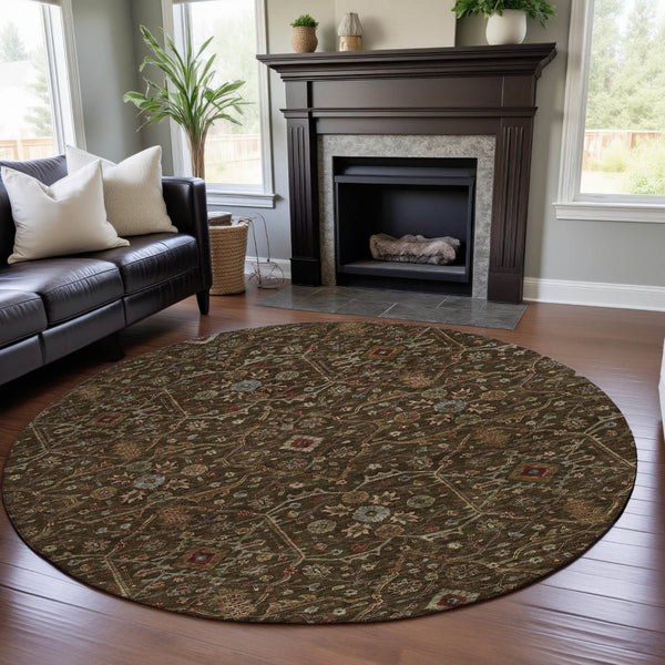 HomeRoots 8' Chocolate, Copper & Blue Oriental Round Rug - Washable, Stain Resistant & UV Protected for Homes 685438