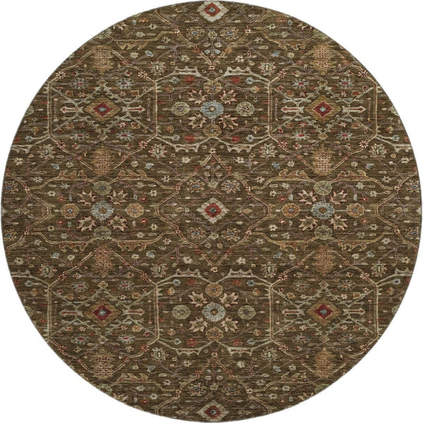 HomeRoots 8' Chocolate, Copper & Blue Oriental Round Rug - Washable, Stain Resistant & UV Protected for Homes 685438