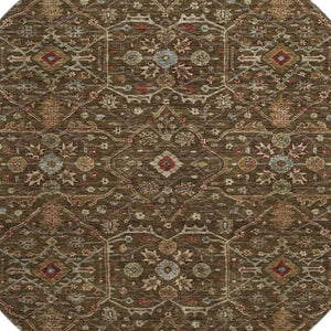 HomeRoots 8' Chocolate, Copper & Blue Oriental Round Rug - Washable, Stain Resistant & UV Protected for Homes 685438