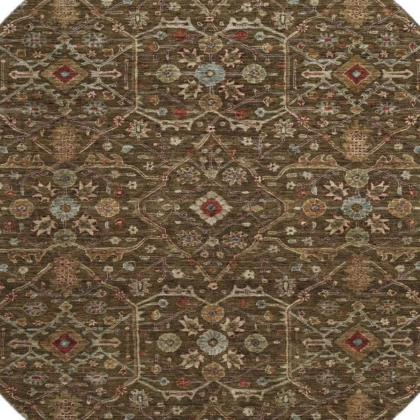 HomeRoots 8' Chocolate, Copper & Blue Oriental Round Rug - Washable, Stain Resistant & UV Protected for Homes 685438