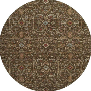 HomeRoots 8' Chocolate, Copper & Blue Oriental Round Rug - Washable, Stain Resistant & UV Protected for Homes 685438
