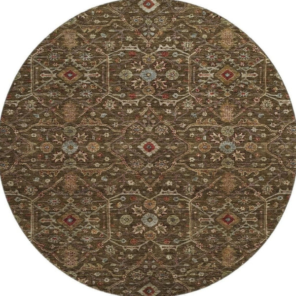 HomeRoots 8' Chocolate, Copper & Blue Oriental Round Rug - Washable, Stain Resistant & UV Protected for Homes 685438