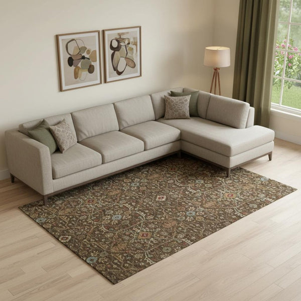 HomeRoots 9' X 12' Elegant Chocolate Copper & Blue Oriental Washable Area Rug with UV Protection & Durability 685442