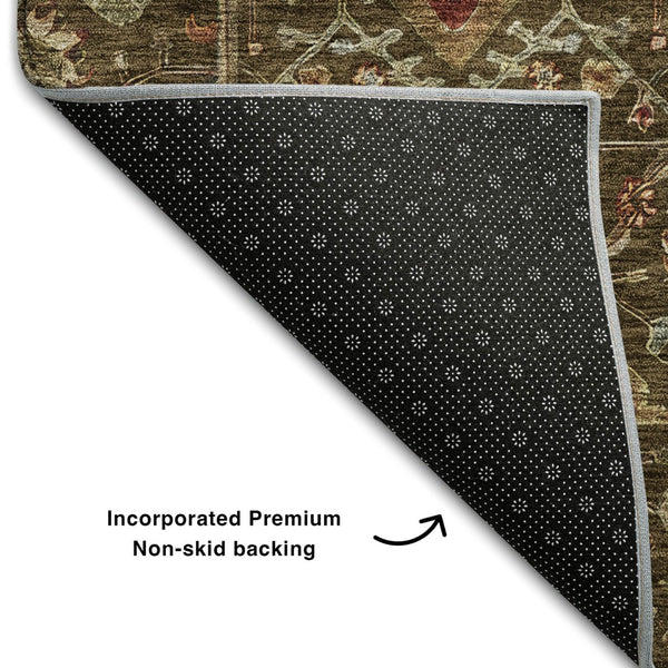 HomeRoots 9' X 12' Elegant Chocolate Copper & Blue Oriental Washable Area Rug with UV Protection & Durability 685442