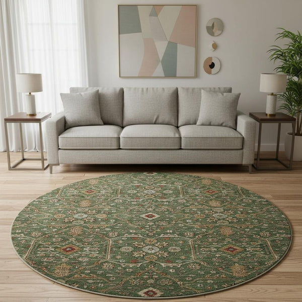 HomeRoots 8' Emerald Copper Beige Oriental Round Rug – Washable, UV Protected, Durable & Stylish Home Accent 685450