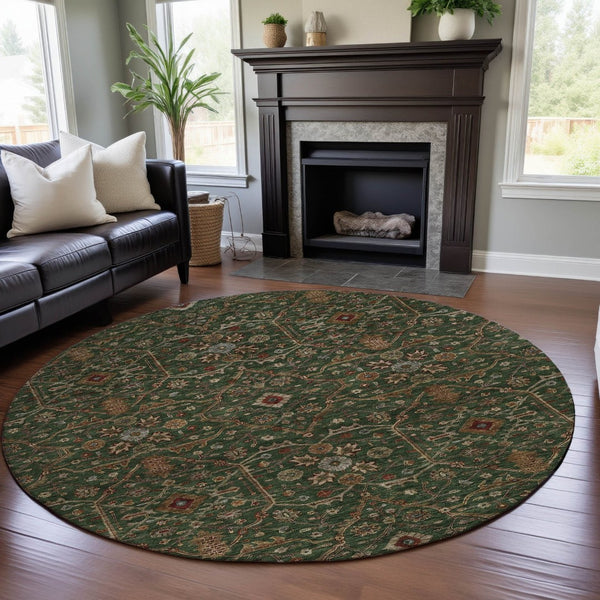 HomeRoots 8' Emerald Copper Beige Oriental Round Rug – Washable, UV Protected, Durable & Stylish Home Accent 685450