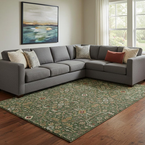 HomeRoots 8' X 10' Elegant Emerald Copper Beige Oriental Area Rug – Washable, UV-Protected, Durable Style 685452
