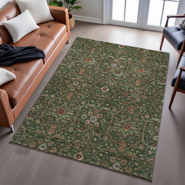HomeRoots 10' Emerald Copper Beige Oriental Area Rug - UV Protected, Stain Resistant & Washable for Homes 685456