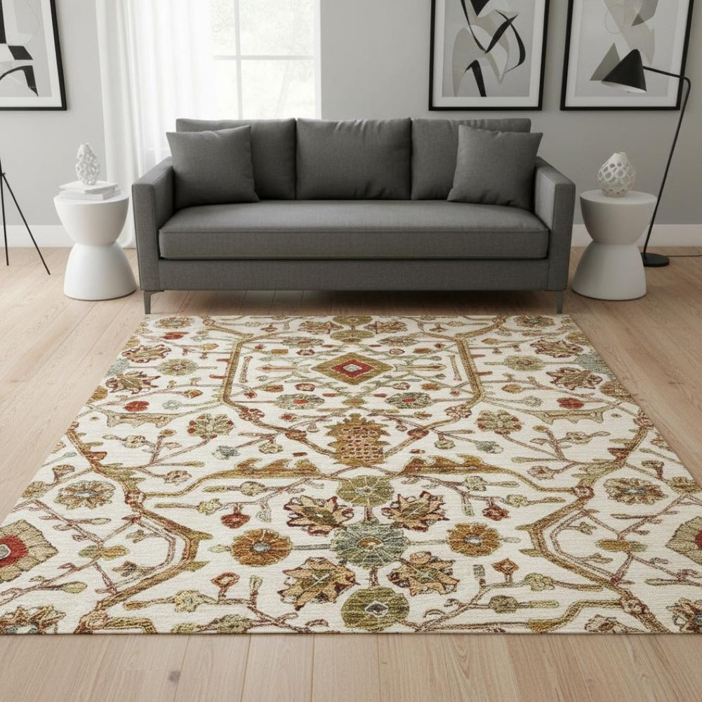 HomeRoots 8' Ivory Red and Gold Oriental Round Rug - Washable, UV-Protected, Stylish for High-Traffic Areas 685462