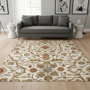 HomeRoots 8' Ivory Red and Gold Oriental Round Rug - Washable, UV-Protected, Stylish for High-Traffic Areas 685462