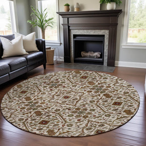 HomeRoots 8' Ivory Red and Gold Oriental Round Rug - Washable, UV-Protected, Stylish for High-Traffic Areas 685462