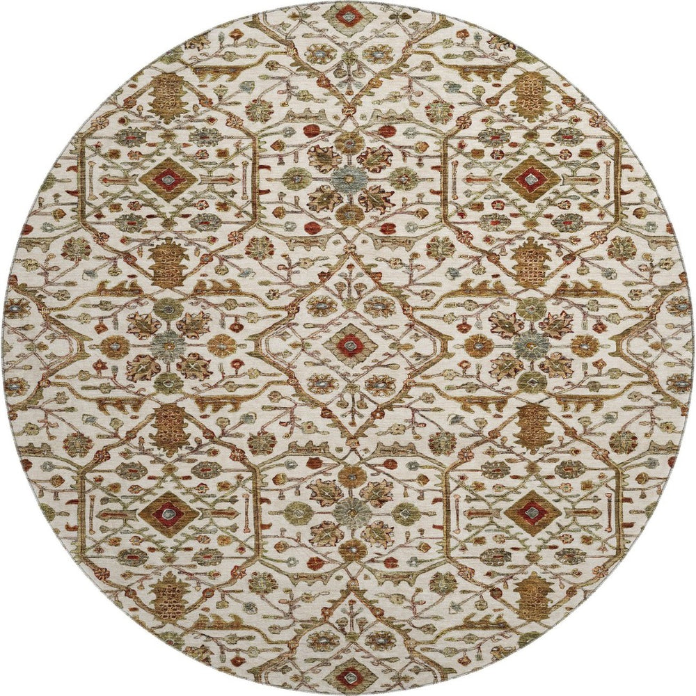 HomeRoots 8' Ivory Red and Gold Oriental Round Rug - Washable, UV-Protected, Stylish for High-Traffic Areas 685462