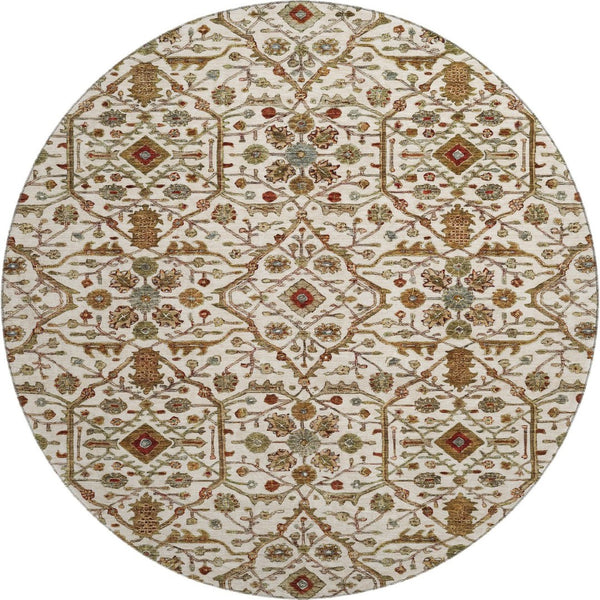 HomeRoots 8' Ivory Red and Gold Oriental Round Rug - Washable, UV-Protected, Stylish for High-Traffic Areas 685462