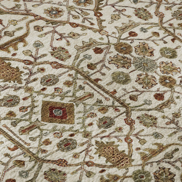 HomeRoots 8' Ivory Red and Gold Oriental Round Rug - Washable, UV-Protected, Stylish for High-Traffic Areas 685462