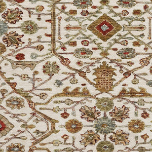 HomeRoots 8' Ivory Red and Gold Oriental Round Rug - Washable, UV-Protected, Stylish for High-Traffic Areas 685462