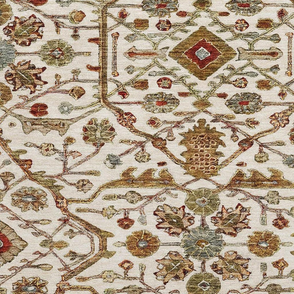 HomeRoots 8' Ivory Red and Gold Oriental Round Rug - Washable, UV-Protected, Stylish for High-Traffic Areas 685462