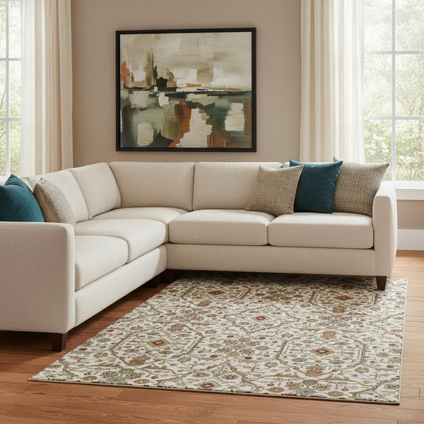HomeRoots 8' X 10' Ivory Red Gold Oriental Rug – Washable, UV Protected, Perfect for Living Rooms & Playrooms! 685464