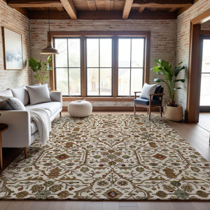 HomeRoots 9' X 12' Ivory Red and Gold Oriental Area Rug – Durable, Washable, UV Protected Elegance for Homes 685466