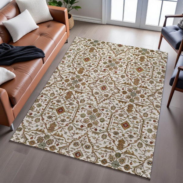 HomeRoots 9' X 12' Ivory Red and Gold Oriental Area Rug – Durable, Washable, UV Protected Elegance for Homes 685466