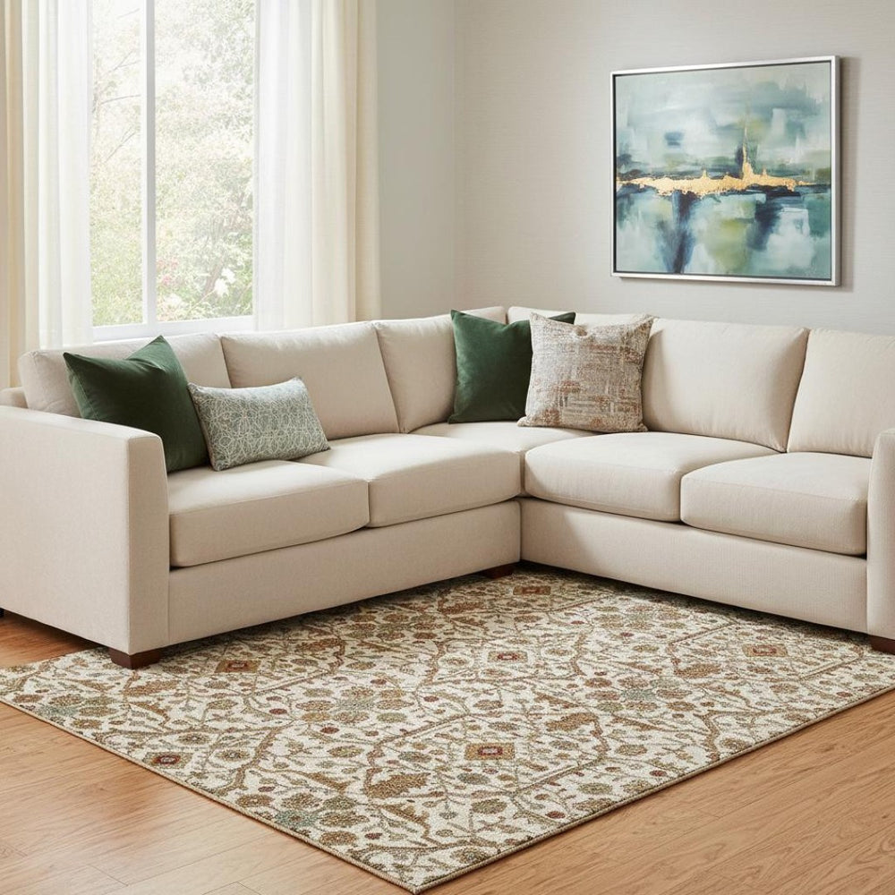 HomeRoots 10' X 14' Stunning Ivory, Red & Gold Oriental Area Rug - Stain Resistant, UV Protected & Durable! 685468