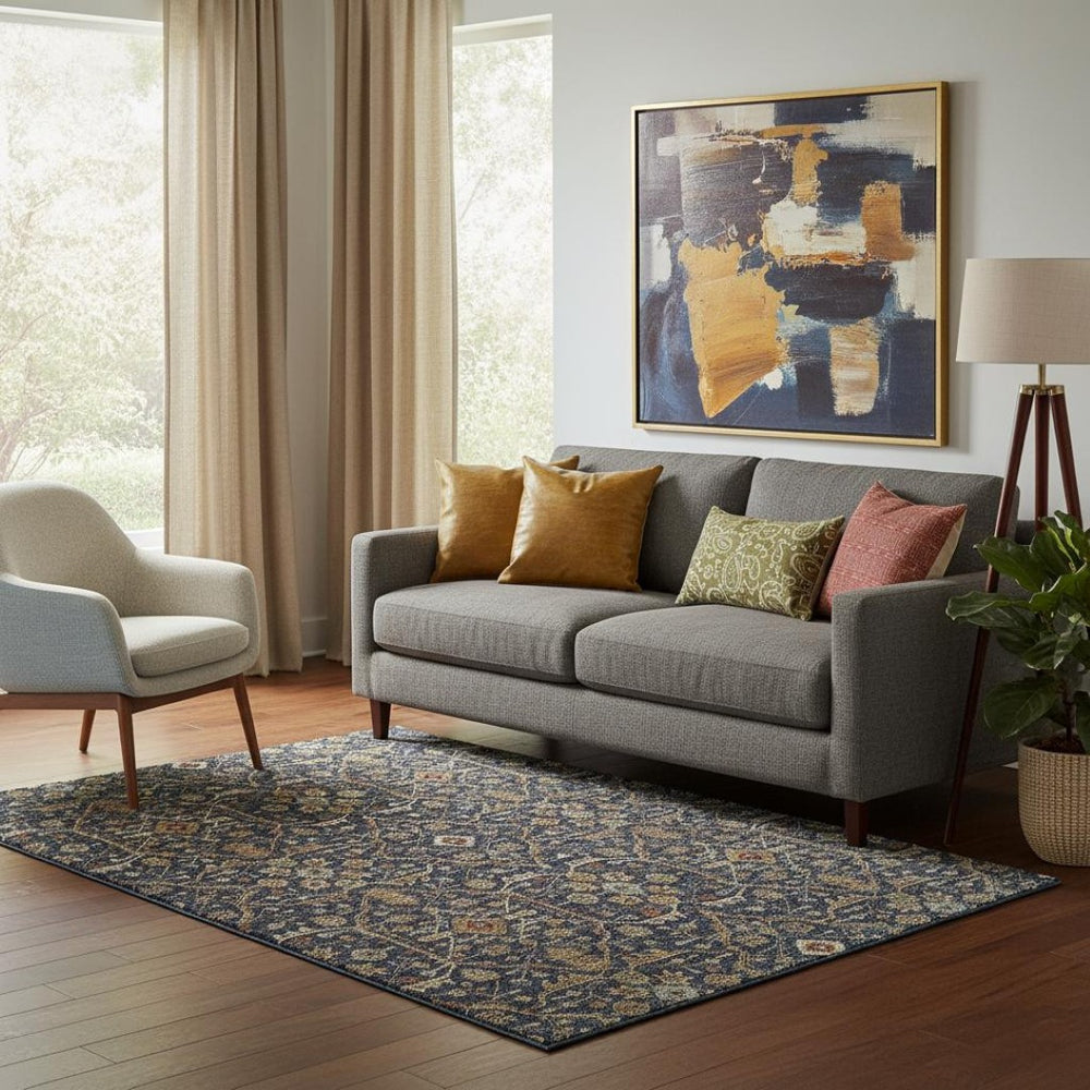 HomeRoots 5' X 8' Navy Blue, Gold & Copper Oriental Area Rug – Stain Resistant, UV Protected, Easy Care Elegance 685472