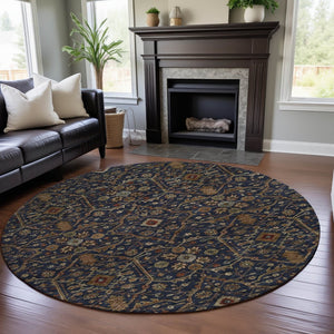 HomeRoots 8' Navy Blue Gold & Copper Oriental Round Rug - Washable, UV Protected, & Perfect for High Traffic Areas 685474