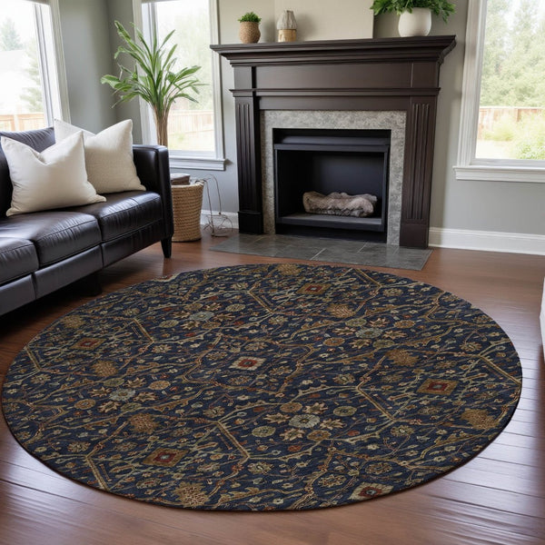 HomeRoots 8' Navy Blue Gold & Copper Oriental Round Rug - Washable, UV Protected, & Perfect for High Traffic Areas 685474