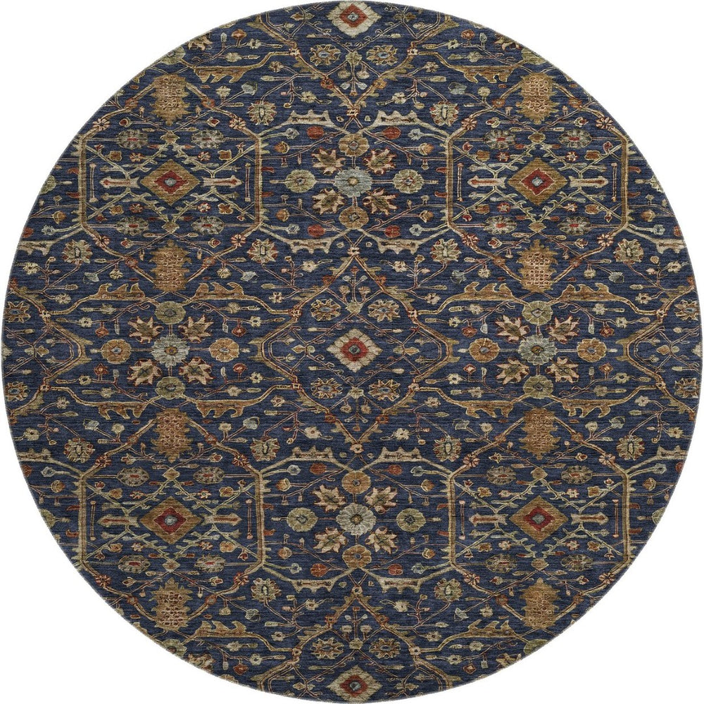HomeRoots 8' Navy Blue Gold & Copper Oriental Round Rug - Washable, UV Protected, & Perfect for High Traffic Areas 685474