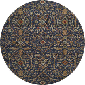 HomeRoots 8' Navy Blue Gold & Copper Oriental Round Rug - Washable, UV Protected, & Perfect for High Traffic Areas 685474