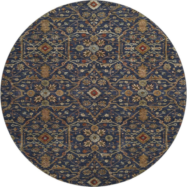 HomeRoots 8' Navy Blue Gold & Copper Oriental Round Rug - Washable, UV Protected, & Perfect for High Traffic Areas 685474
