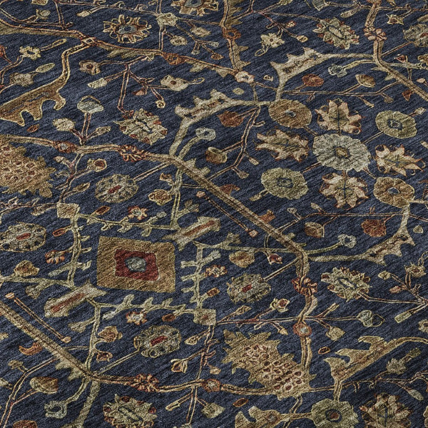 HomeRoots 8' Navy Blue Gold & Copper Oriental Round Rug - Washable, UV Protected, & Perfect for High Traffic Areas 685474
