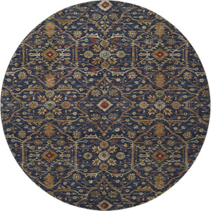 HomeRoots 8' Navy Blue Gold & Copper Oriental Round Rug - Washable, UV Protected, & Perfect for High Traffic Areas 685474