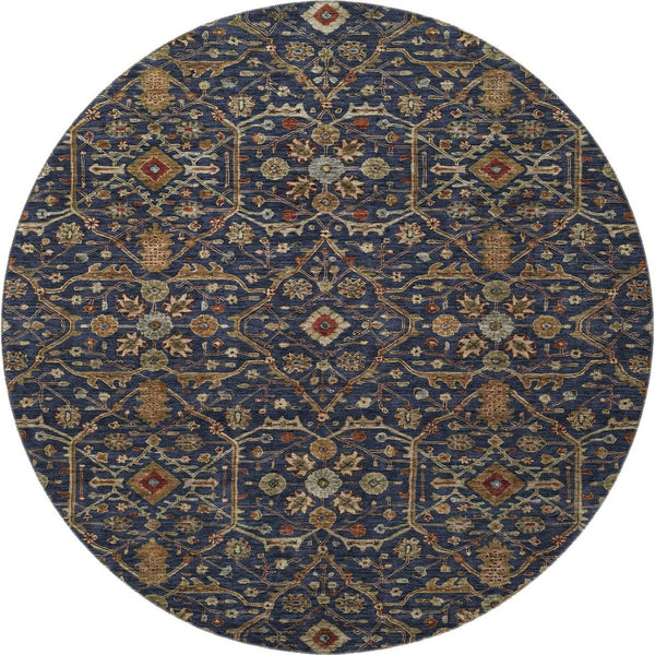 HomeRoots 8' Navy Blue Gold & Copper Oriental Round Rug - Washable, UV Protected, & Perfect for High Traffic Areas 685474