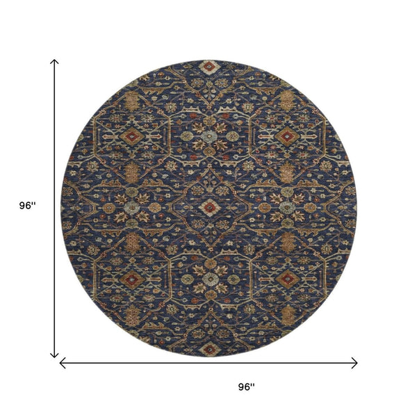 HomeRoots 8' Navy Blue Gold & Copper Oriental Round Rug - Washable, UV Protected, & Perfect for High Traffic Areas 685474