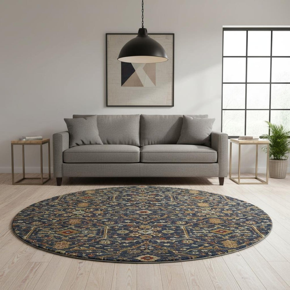 HomeRoots 8' Navy Blue Gold & Copper Oriental Round Rug - Washable, UV Protected, & Perfect for High Traffic Areas 685474