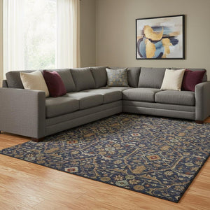 HomeRoots 8' X 10' Navy Blue, Gold & Copper Oriental Area Rug - Washable, UV-Protected & Family-Friendly Design 685476